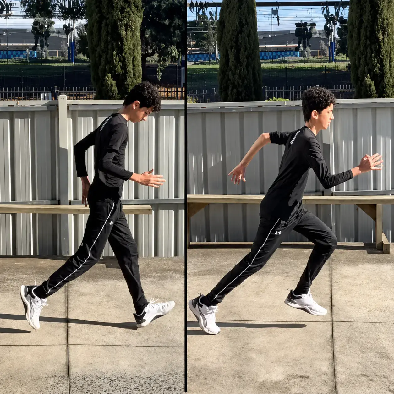 Marcus running before and after — side-by-side comparison of his posture and push off