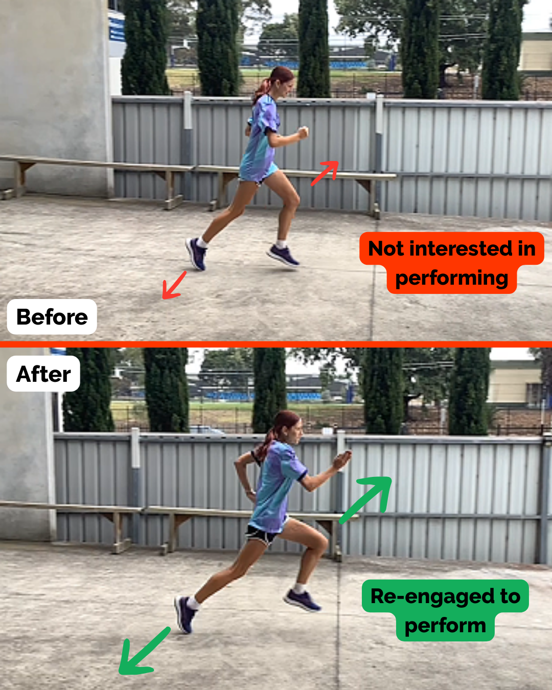Lilly running before and after — re-engaged and performing with confidence